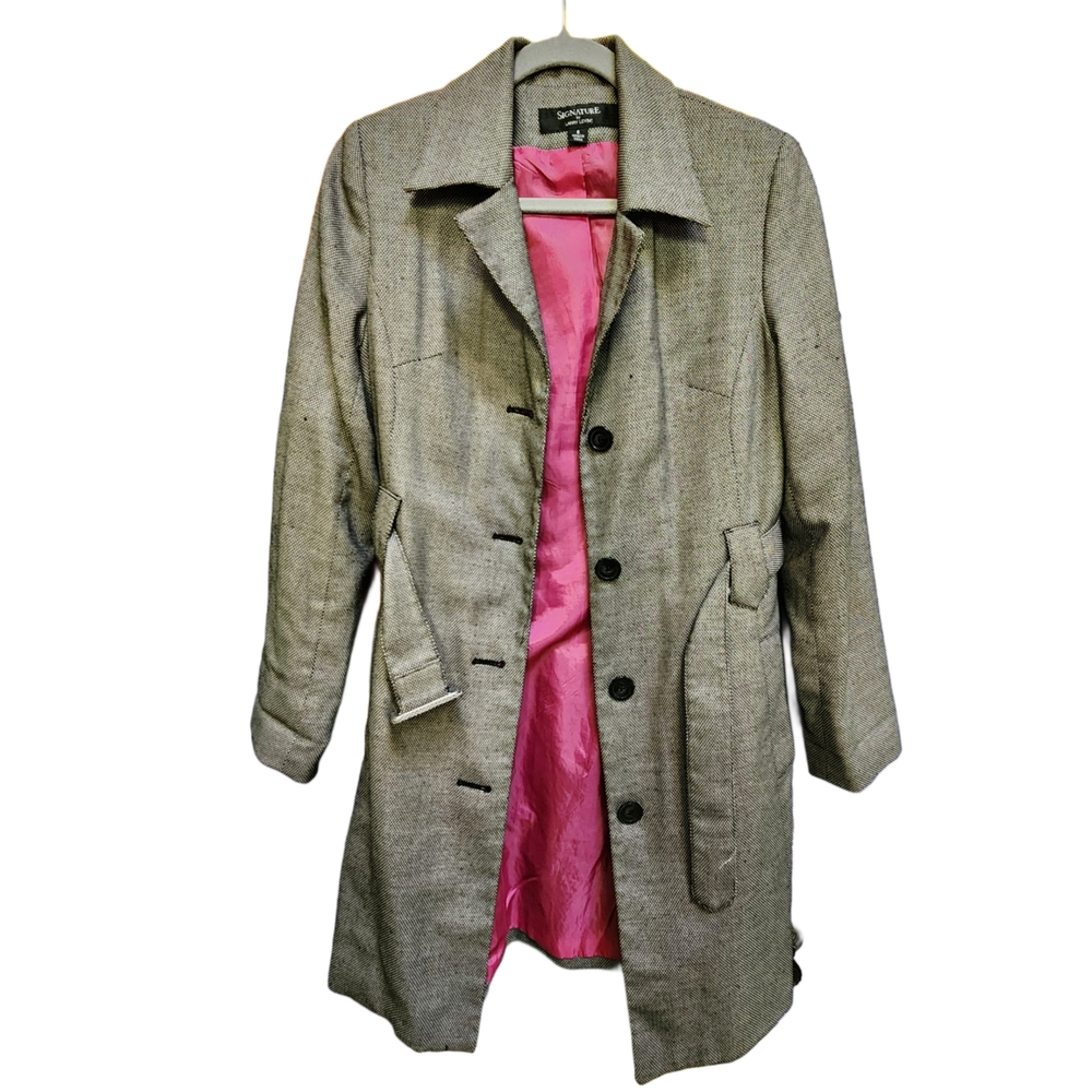 Vintage Y2K Larry Levine Gray Trench Coat with Pink Interior Lightweight Size 8
